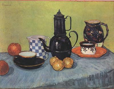 Vincent Van Gogh Still life Blue Enamel Coffeepot Earthenware and Fruit (nn04) oil painting image